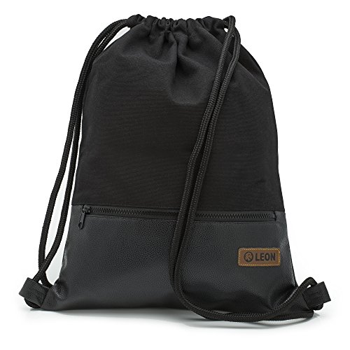 By Bers LEON Turnbeutel, große Reißverschluss Außentasche, Innentaschen Innenfutter Rucksack Tasche Damen Männer Hipster Beutel Veganes Leder Gym Bag Draw String (Schwarz_Schwarz_PU) von By Bers