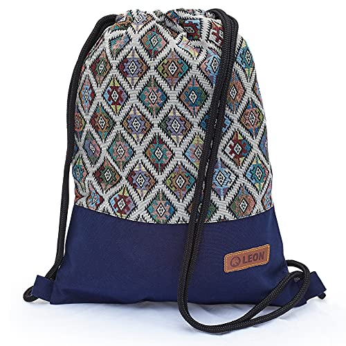 By Bers Leon großer Premium Turnbeutel mit Innentaschen Rucksack Tasche Damen Herren Teenager Gym Bag Draw String 45x34cm für Sport Reise Alltag Einkauf (TB_Boho_Blau_007) von By Bers