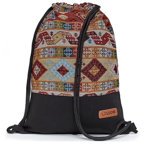 By Bers Leon großer Premium Turnbeutel mit Innentaschen Rucksack Tasche Damen Herren Teenager Gym Bag Draw String 45x34cm für Sport Reise Alltag Einkauf (TB_Boho_Schwarz_008) von By Bers