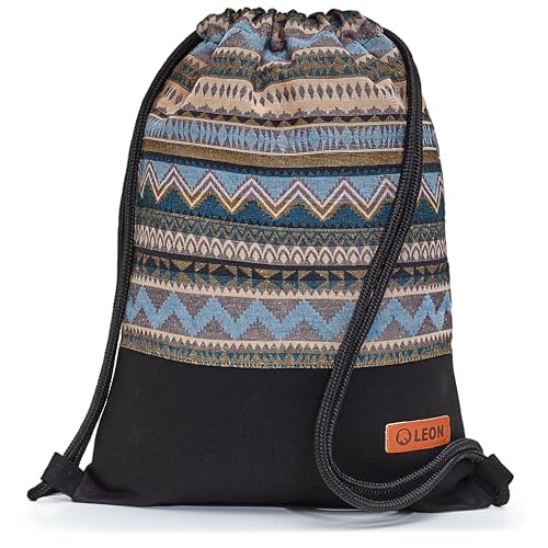 By Bers Leon großer Premium Turnbeutel mit Innentaschen Rucksack Tasche Damen Herren Teenager Gym Bag Draw String 45x34cm für Sport Reise Alltag Einkauf (TB_Boho_Schwarz_009) von By Bers
