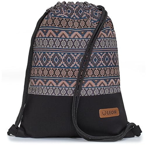 By Bers Leon großer Premium Turnbeutel mit Innentaschen Rucksack Tasche Damen Herren Teenager Gym Bag Draw String 45x34cm für Sport Reise Alltag Einkauf (TB_Boho_Schwarz_010) von By Bers