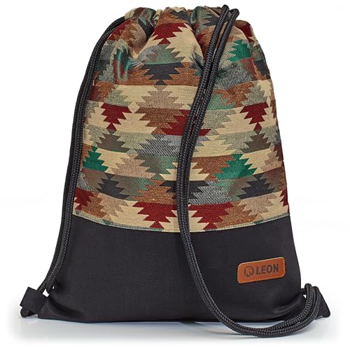 By Bers Leon großer Premium Turnbeutel mit Innentaschen Rucksack Tasche Damen Herren Teenager Gym Bag Draw String 45x34cm für Sport Reise Alltag Einkauf (TB_Boho_Schwarz_012) von By Bers