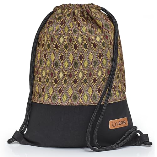 By Bers Leon großer Premium Turnbeutel mit Innentaschen Rucksack Tasche Damen Herren Teenager Gym Bag Draw String 45x34cm für Sport Reise Alltag Einkauf (TB_Boho_Schwarz_013) von By Bers
