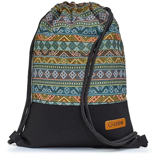 By Bers Leon großer Premium Turnbeutel mit Innentaschen Rucksack Tasche Damen Herren Teenager Gym Bag Draw String 45x34cm für Sport Reise Alltag Einkauf (TB_Boho_Schwarz_015) von By Bers