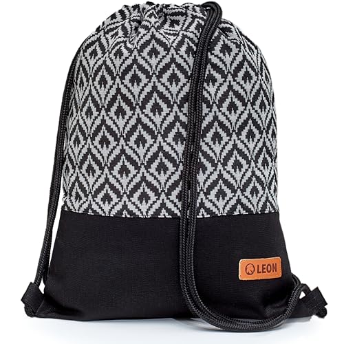 By Bers Leon großer Premium Turnbeutel mit Innentaschen Rucksack Tasche Damen Herren Teenager Gym Bag Draw String 45x34cm für Sport Reise Alltag Einkauf (TB_Boho_Schwarz_018) von By Bers