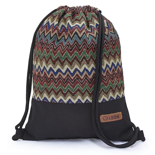 By Bers Leon großer Premium Turnbeutel mit Innentaschen Rucksack Tasche Damen Herren Teenager Gym Bag Draw String 45x34cm für Sport Reise Alltag Einkauf (TB_Boho_Schwarz_019) von By Bers