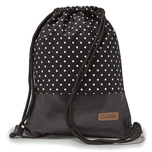 By-Bers Punkt-Design Tasche Turnbeutel LEON Rucksack Sportbeutel Damen, Herren Teenager mit Innentaschen robuste Baumwolle gymsack GymBag Gymsack Hipster, Dots_weißschw_schwpu, flach 34cmx45cm +-1cm von By Bers