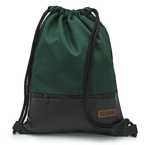 Leon By-Bers Tasche Segeltuch dickes edles Canvas z.T. mit Kunstleder Boden, große Außentasche mit Zipper, Turnbeutel Rucksack Sportbeutel Gym Bag Gymsack Hipster, Dkl. Grün, flach 34cmx45cm +-1cm von By Bers