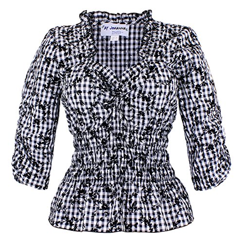 By Johanna Trachtenbluse Damen Landhaus Bluse Dirndlbluse Crash Bestickt Blumen Schwarz Weiß Halb Arm. Rüschenbluse zur Jeans Lederhose 38 von By Johanna