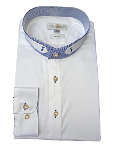 Trachtenhemd Freizeithemd Almsach Weiß Blau Stehkragen 100% Baumwolle Slimfit (Gr41/42) von By Johanna