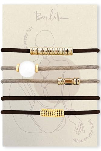 By Lilla Galentines Haargummis und Hochsteckfrisur-Haar-Accessoires, dekorative Pferdeschwanz-Gummibänder, Stretch-Armband, Schmuck für Damen, Boutique-Mode-Stacks in Gold, Braun (Downtown) von By Lilla