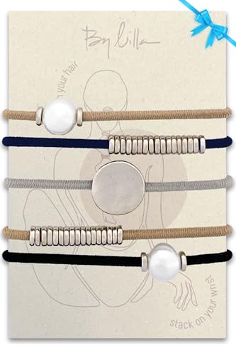 By Lilla Haargummis – Haargummi-Armbänder für Frauen – reißfeste Haar-Accessoires für dünnes und dickes Haar – 5 Stück (Marmor – Marineblau/Perle) von By Lilla
