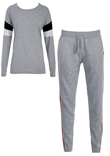By Louise Damen Hausanzug Jogginganzug Homewear Loungewear lang grau rot weiß Streifen, Farbe:grau, Grösse:M - 38 von By Louise