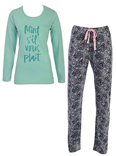 By Louise Damen Pyjama Schlafanzug Nachtwäsche Nightwear Loungewear Mint grau Spruch, Grösse:M - 38, Farbe:Mint von By Louise