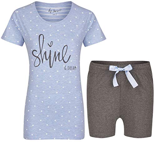 By Louise Damen Pyjama kurz Nachtwäsche Homewear Loungewear blau grau Punkte Spruch, Farbe:Mehrfarbig, Grösse:L - 40 von By Louise