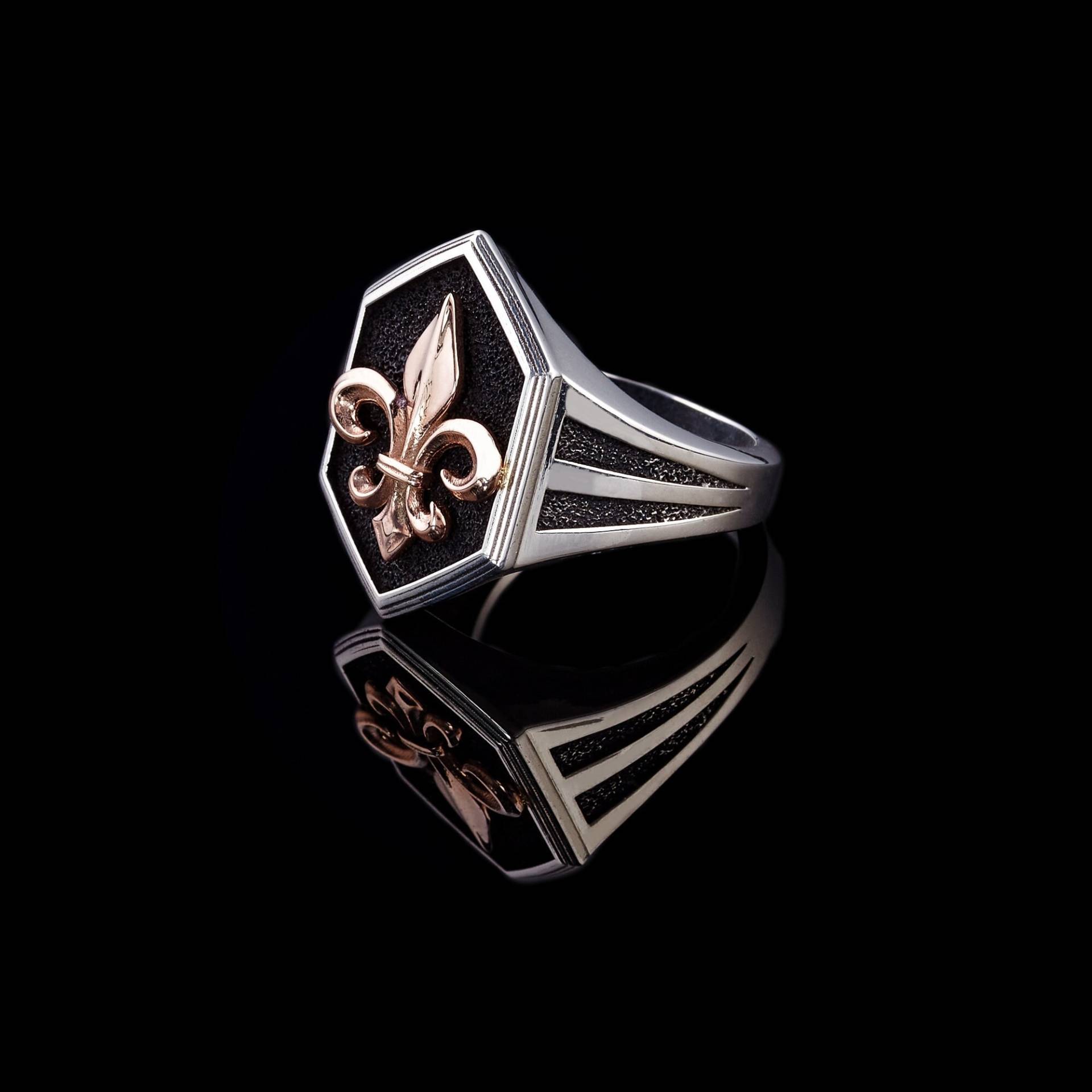 Fleur De Lis Silber Ring, Oxidierter Ring Für Männer, Hexagon Tier Schmuck, Sterling Gold Rose Überzogen, Geschenk Ihn von ByAynalJewelry