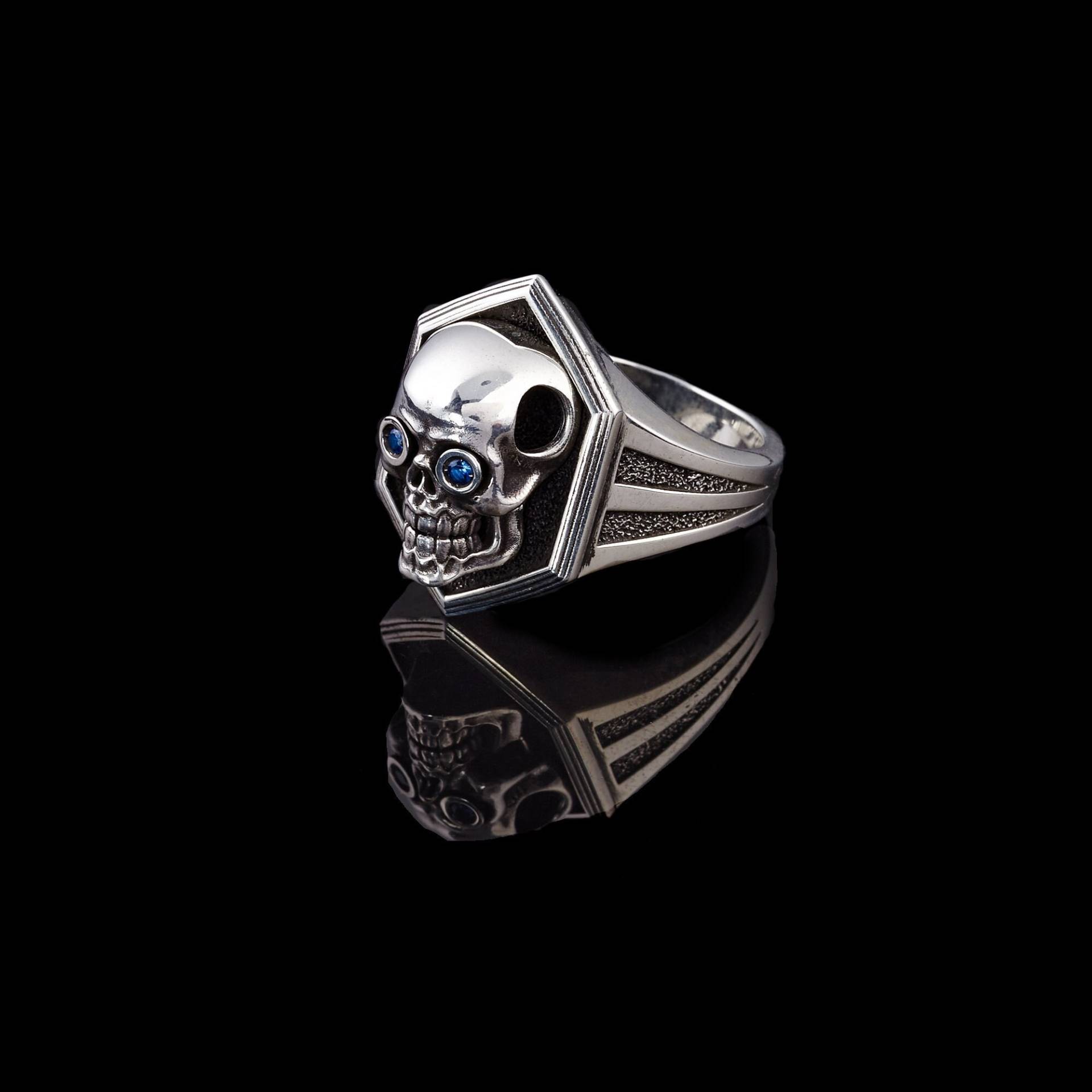 Schädel Silber Ring, Oxidiert Männer Sterling Gold Rose Überzogen, Hexagon Ring Schmuck, Geschenk Für Ihn von ByAynalJewelry