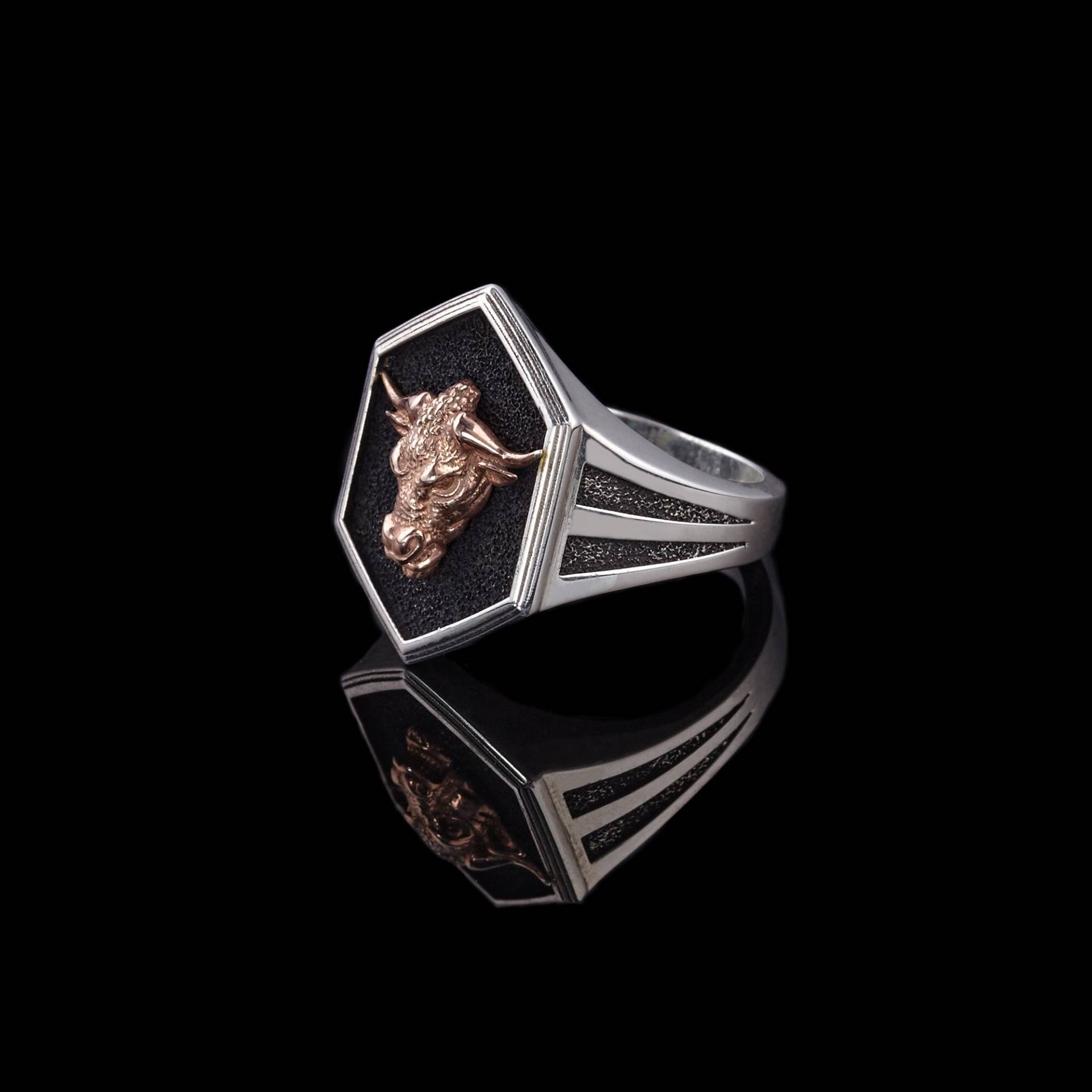 Stier Silber Ring, Sterling Gold Rose Überzogen, Oxidiert Männer Tier Ring Schmuck, Geschenk Für Ihn von ByAynalJewelry