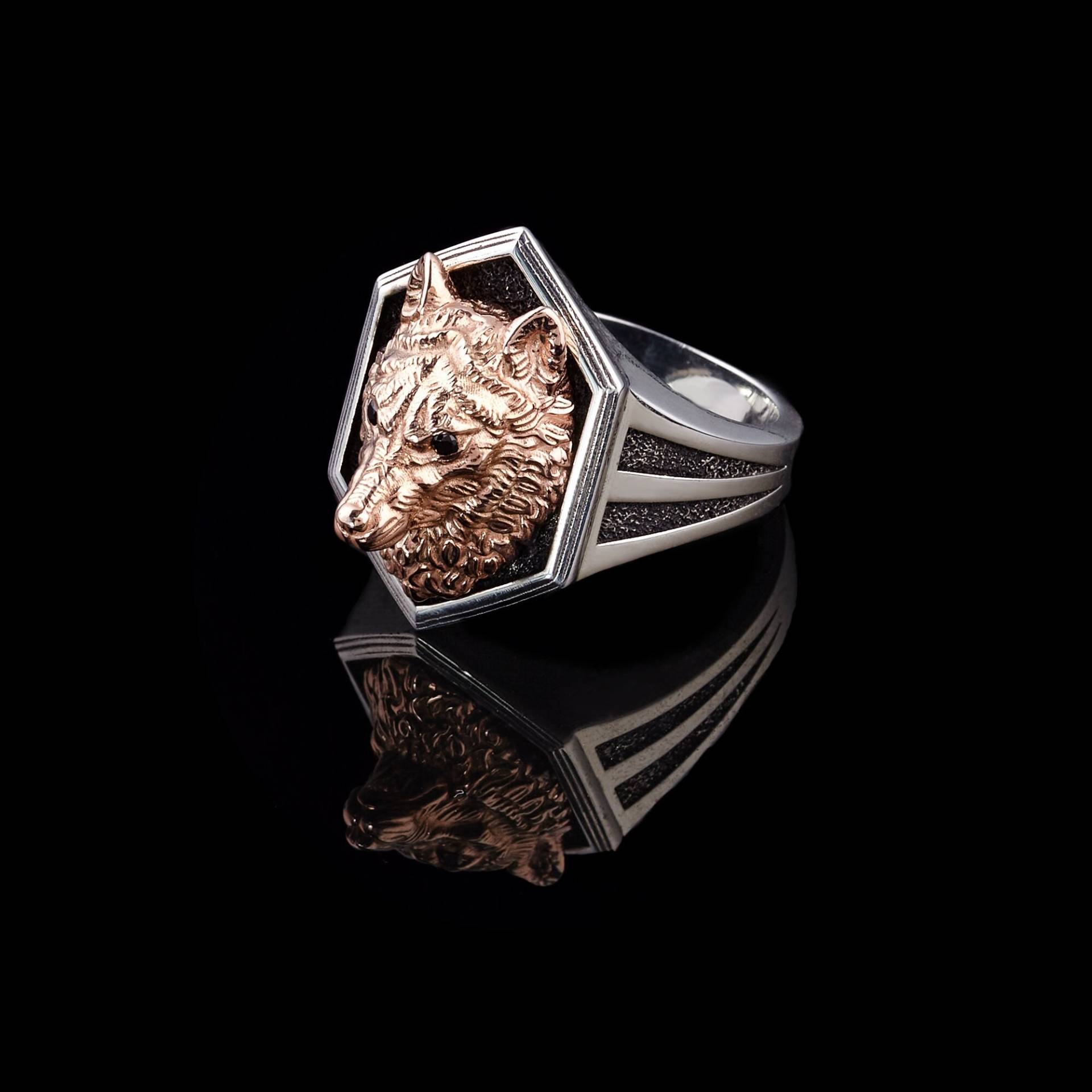 Wolf Silber Ring, Oxidierter Männer Tier Hexagon Ring Schmuck, Gold Rose Überzogener Geschenk Für Ihn von ByAynalJewelry