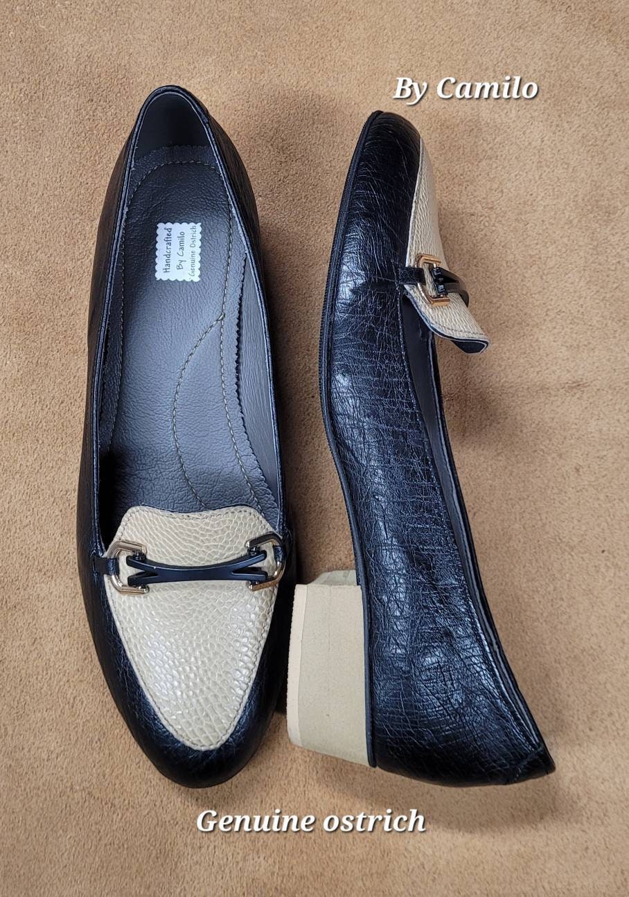 Echtes Straußenleder Loafer Zweifarbige Slip-On Hausschuhe von ByCamilos