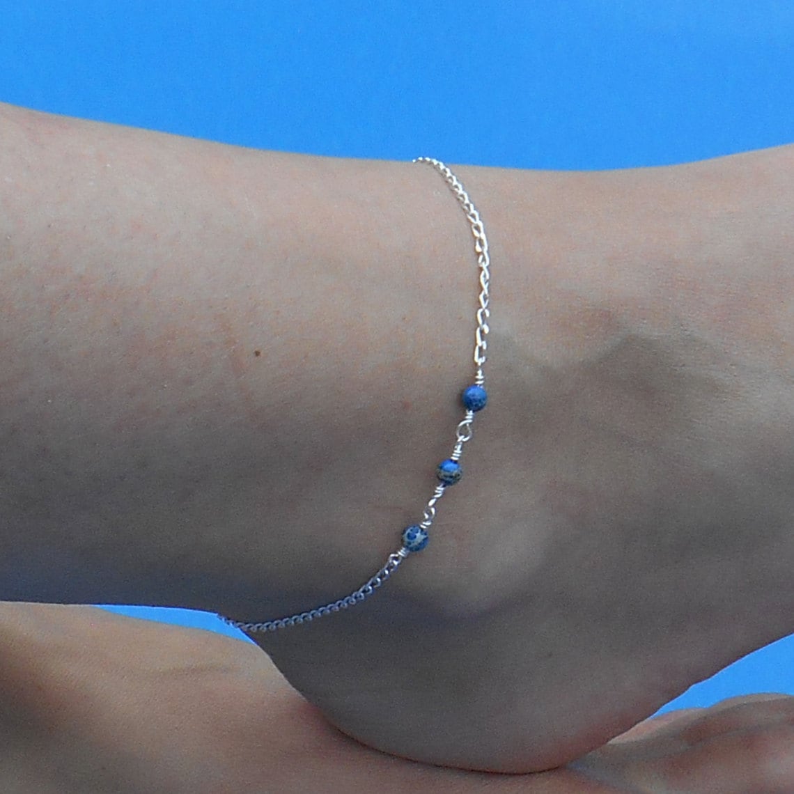 sterling Silber Blau Jaspis Fußkettchen | Edelstein-Fußkettchen von ByEJewelry