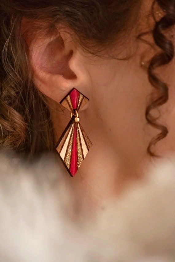 Diamantförmige Ohrringe Aus Mahagoniholz, Kunstharz, Goldglitzer Und Holz, Lasergeschnitten, Handgefertigt. Holzschmuck, Geschenkidee Für Frauen von ByHeloise