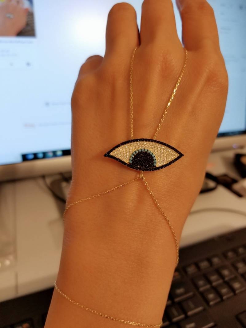 Blau Schwarz Zirkon Ra Evil Eye Glücksbringer Armband Hand Kette 925 Sterling Silber von ByLivRich