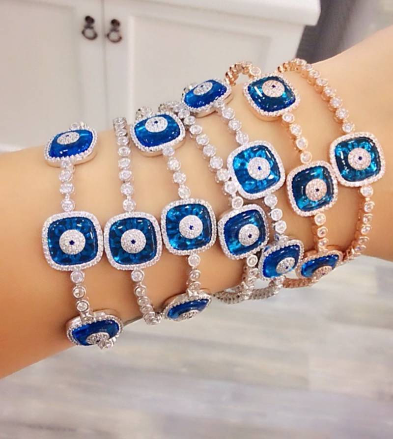 Cubic Zircon Waterway Tennis Verstellbares Evil Eye Armband 925 Sterling Silber von ByLivRich