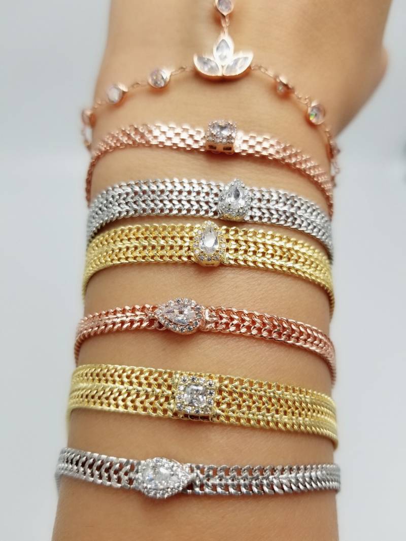 Klares Zirkon Quadrat Oder Tropfen Dünne Band Armband 925 Sterling Silber von ByLivRich