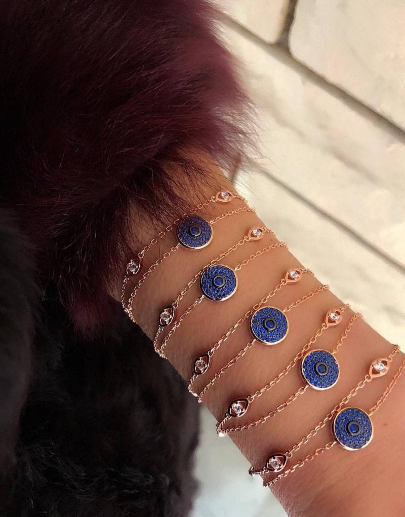 Navy Blau Zirkon Runde Zwei Bügel Armband Einstellbar | 925 Sterling Silber von ByLivRich