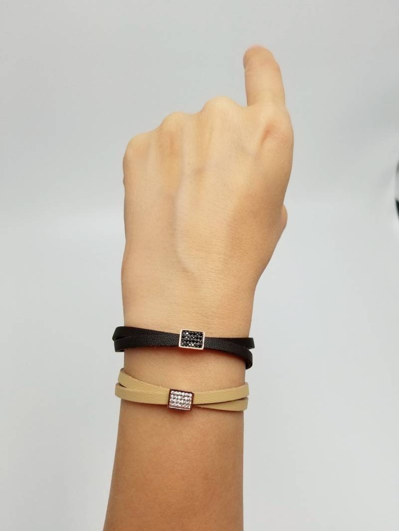 Schwarz Oder Klar Zirkon Rechteck Armband Verstellbares Echtes Leder 925 Sterling Silber von ByLivRich