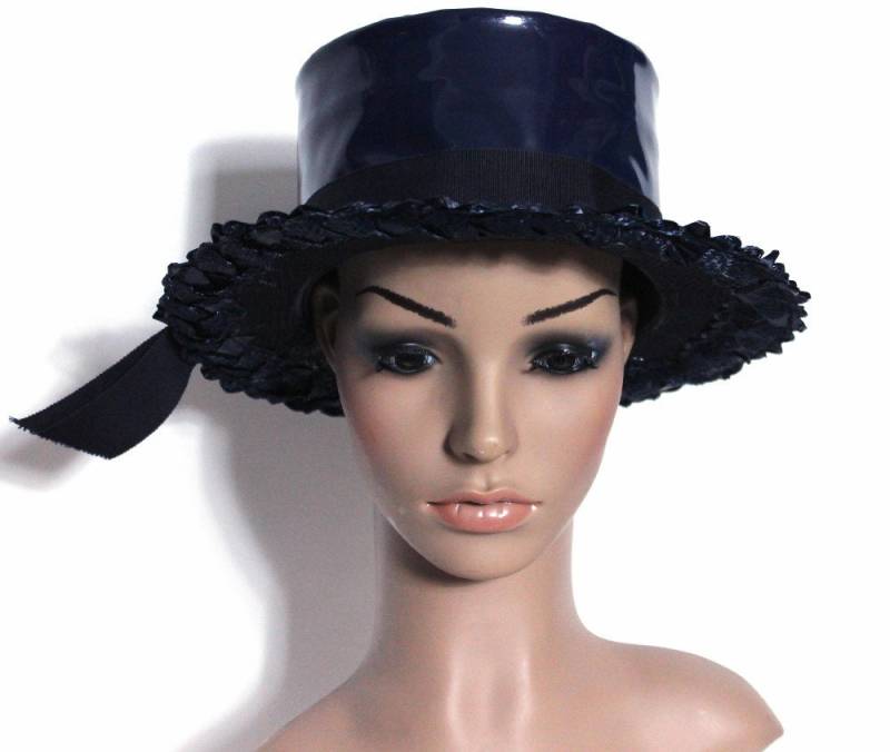 1940Er Jahre Hut Marine Blau Bast Stroh Gartenparty Mad Man Rockabilly Uniion Tag Retro Femme Fatale Geduld Lederhut von ByMidnightSparkle