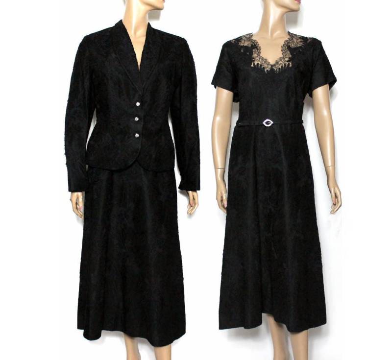 Vintage 1940Er Jahre Kleid // Schwarze Spitze Designer Spitzenjacke Strass Cocktailkleid Voll Gefüttert von ByMidnightSparkle