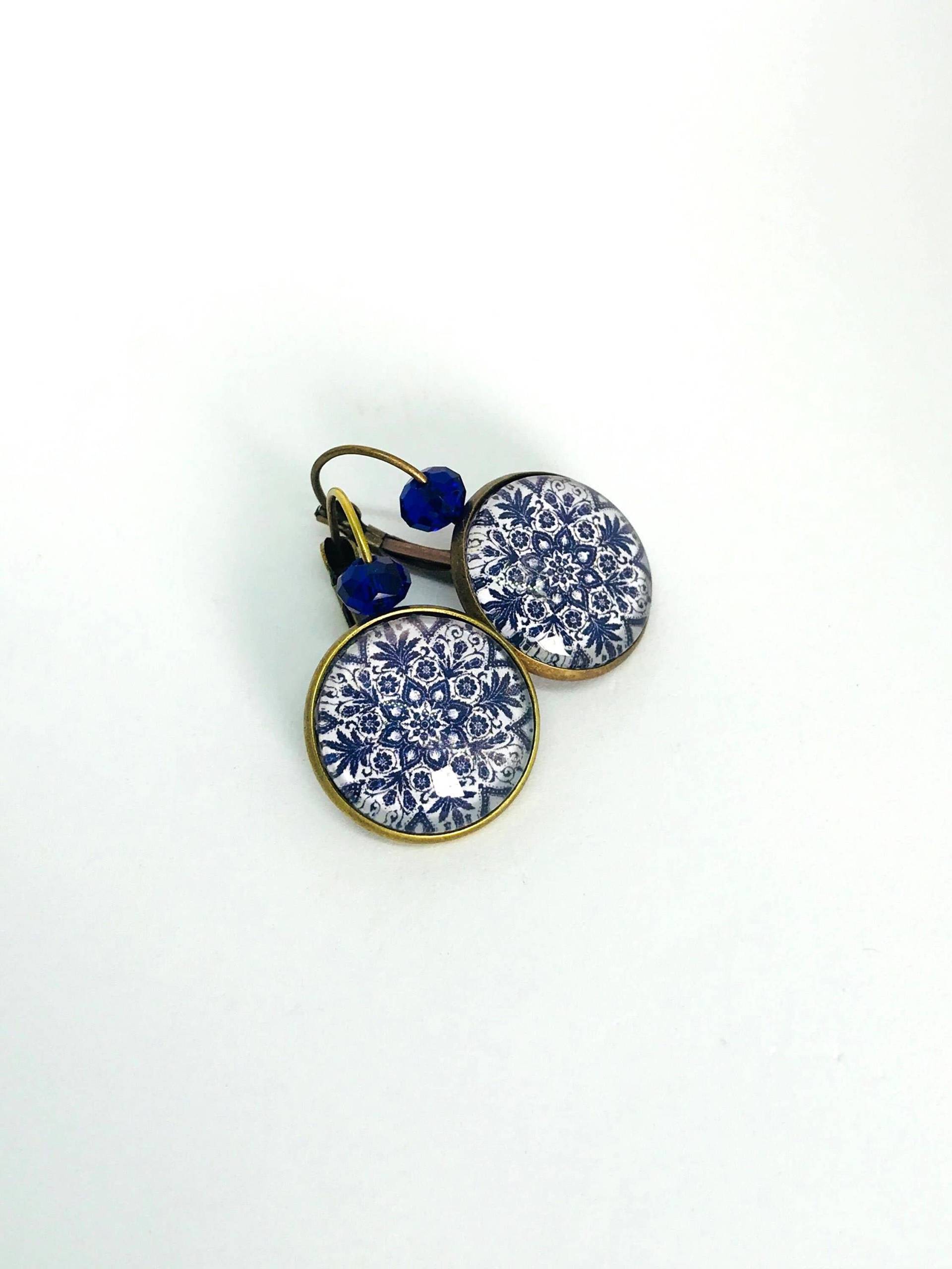 Cabochon-Ohrringe, Schläfer, Arabeske, Mosaik, Blau Und Weiß von ByMinily