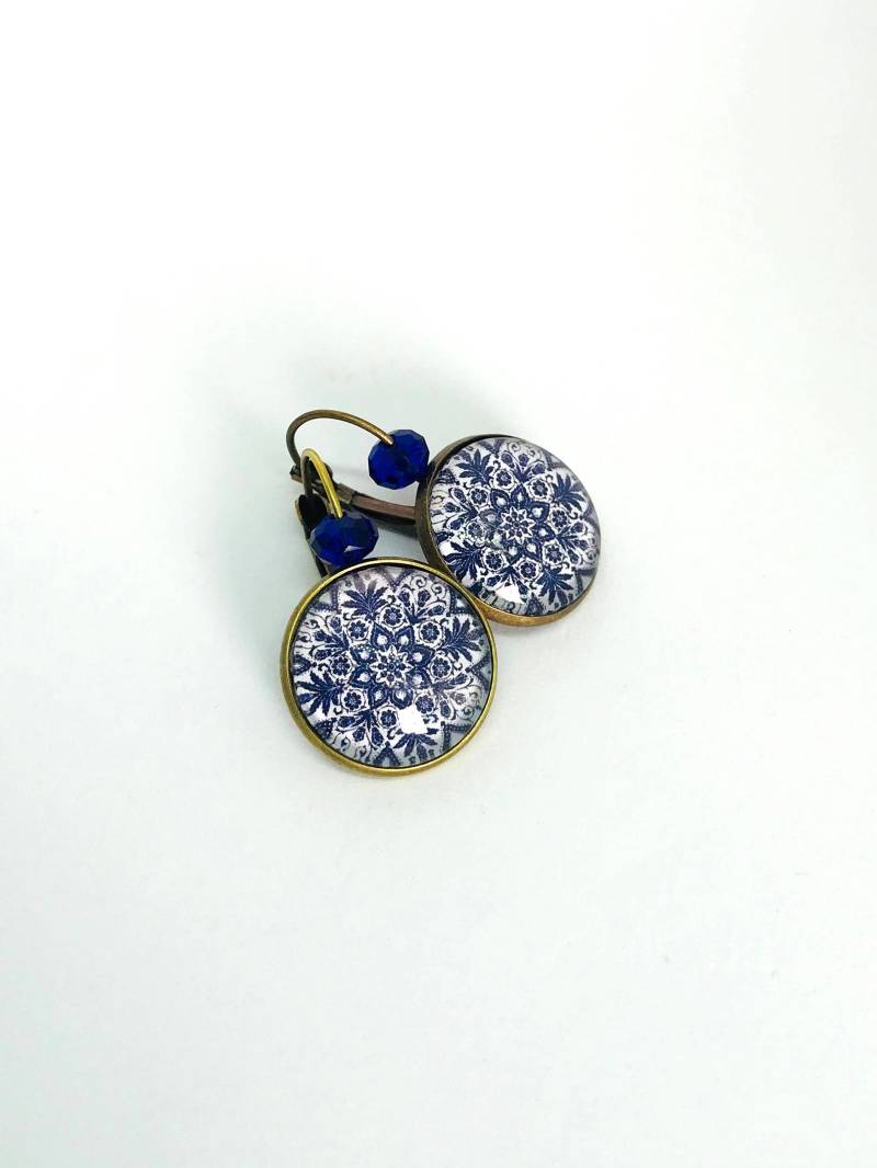 Cabochon-Ohrringe, Schläfer, Arabeske, Mosaik, Blau Und Weiß von ByMinily