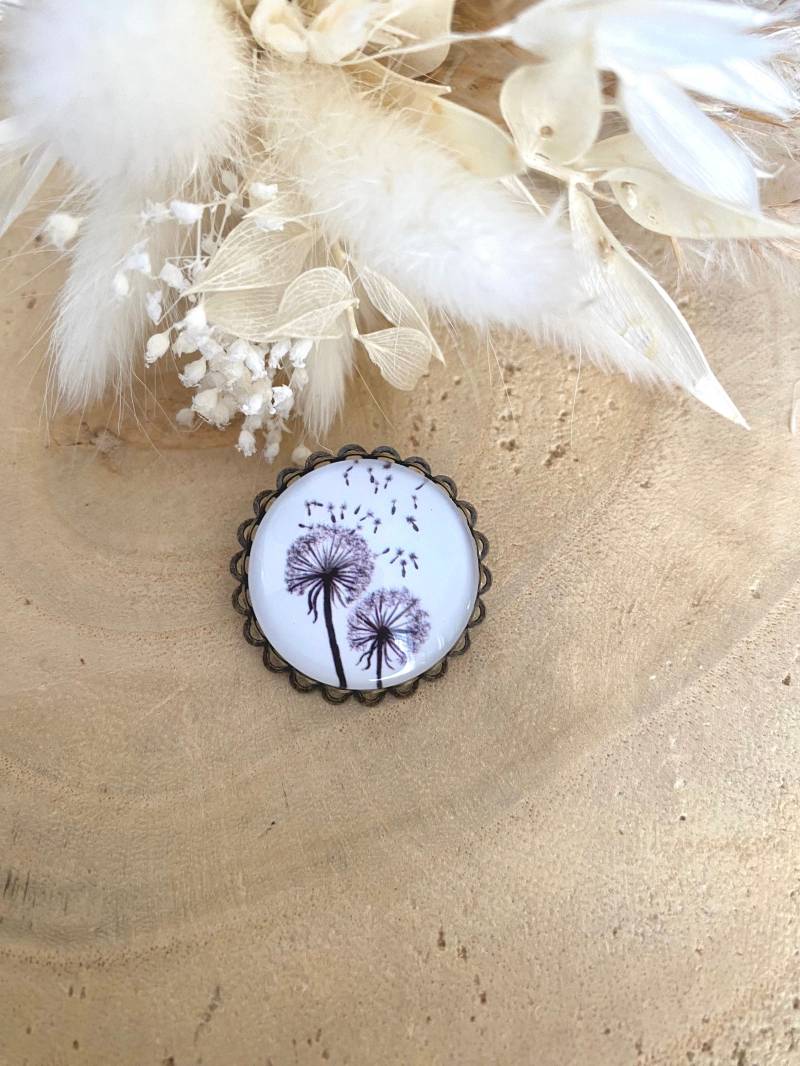 Gezackte Cabochon-Brosche Aus Bronze, Löwenzahn, Wünsche, Löwenzahn von ByMinily