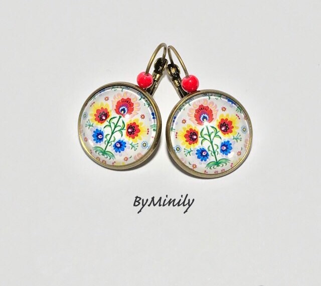 Glas-Cabochon-Ohrringe - Schläfer Folklore Russisch Boho Blumen von ByMinily