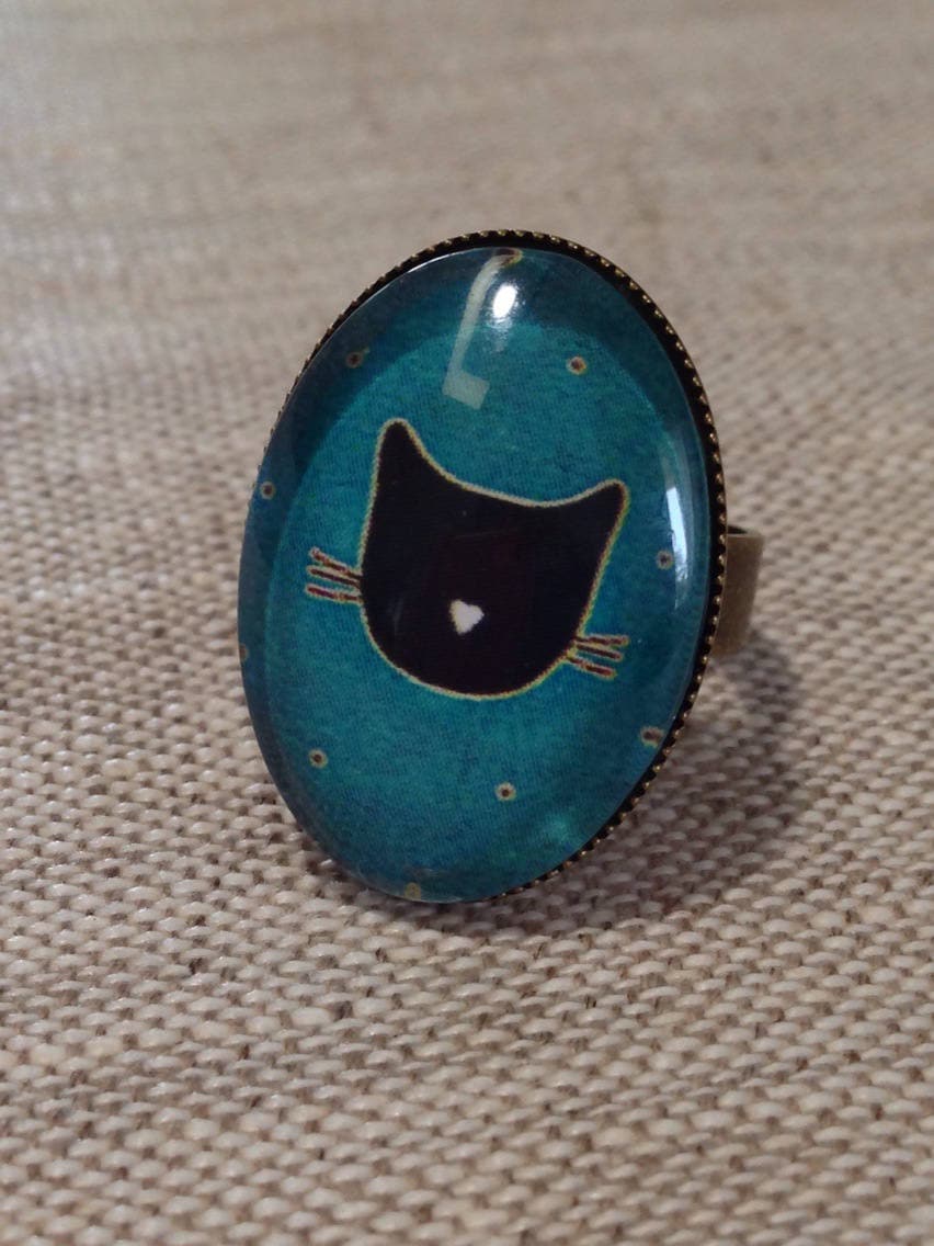 Katzenring, Ovaler Cabochon, Katze, Illustrierter Schmuck, Digitales Bild von ByMinily