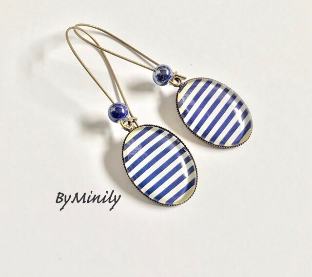 Ovale Cabochon-Ohrhänger - Große Schläfer Seemann Matrose Streifen Blau von ByMinily