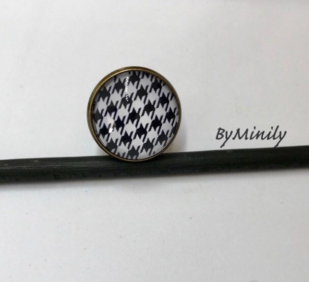 Runder Cabochonring, Hahnentritt, Schwarz Und Weiß, Vichykaro von ByMinily