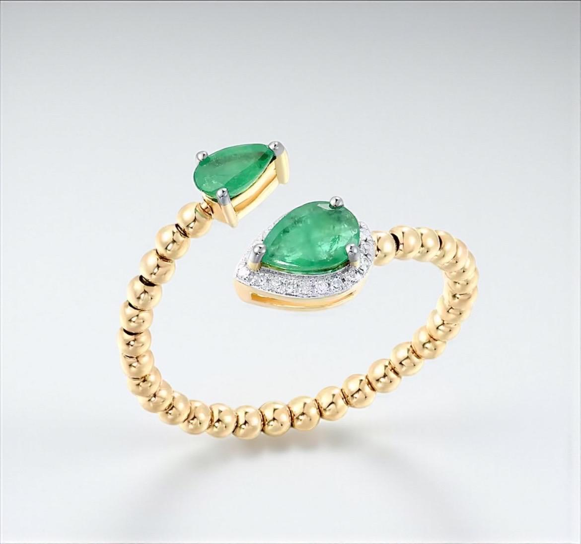 14K Gelbgold Ring - Smaragd & Diamant Verstellbares Offenes Design von ByMoonJewels