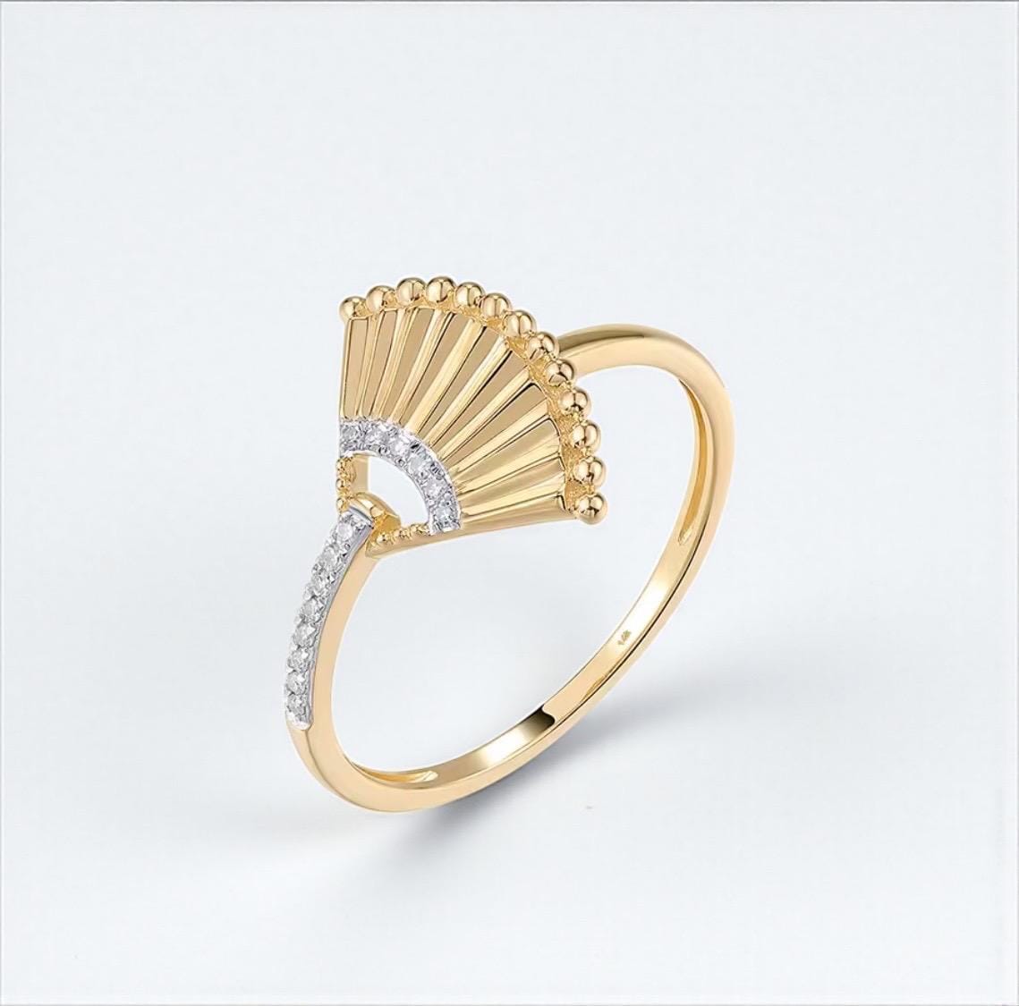 14K Solid Gold Diamant Ring - Elegantes Fächer Design Fine Jewelry 14K Solid Gold Diamant Ring - Elegantes Fächer Design Fine Jewelry von ByMoonJewels