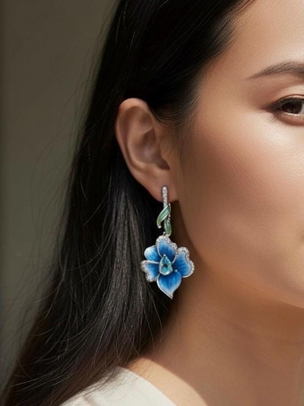 925Er Silber Blaue Blüte Tropfen Ohrringe Handmade Floral Emaille Schmuck von ByMoonJewels