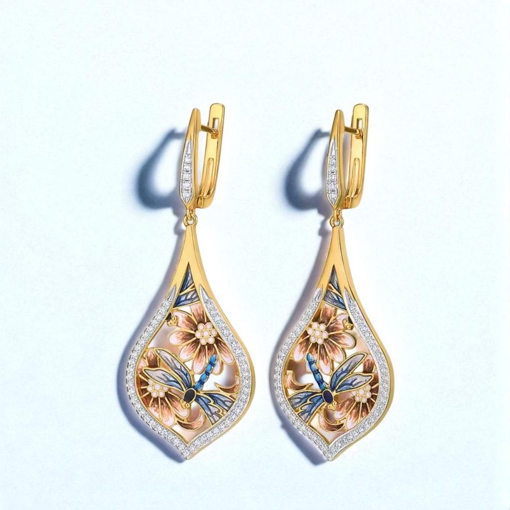 Andmade Sterling Silber Libellen Ohrringe Mit Blaue Emaille Blumen Design Geschenk Für Frauen von ByMoonJewels