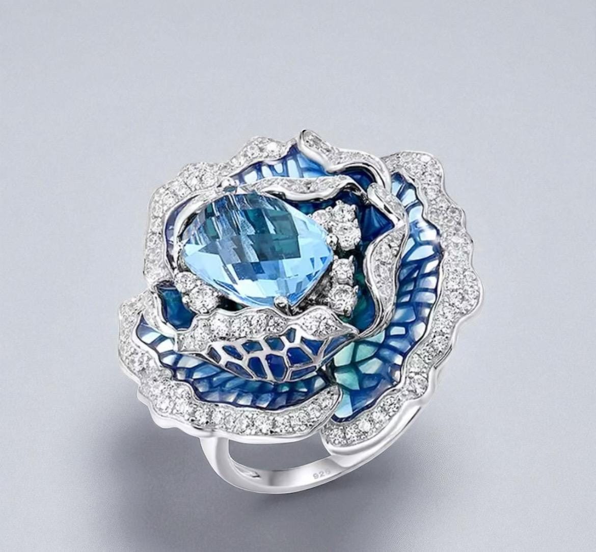 Blaue Emaille Blumen Ring 925 Sterling Silber, Weiß Cz Blaue Emaille Blumen Ring 925 Sterling Silber, Weiß Cz von ByMoonJewels