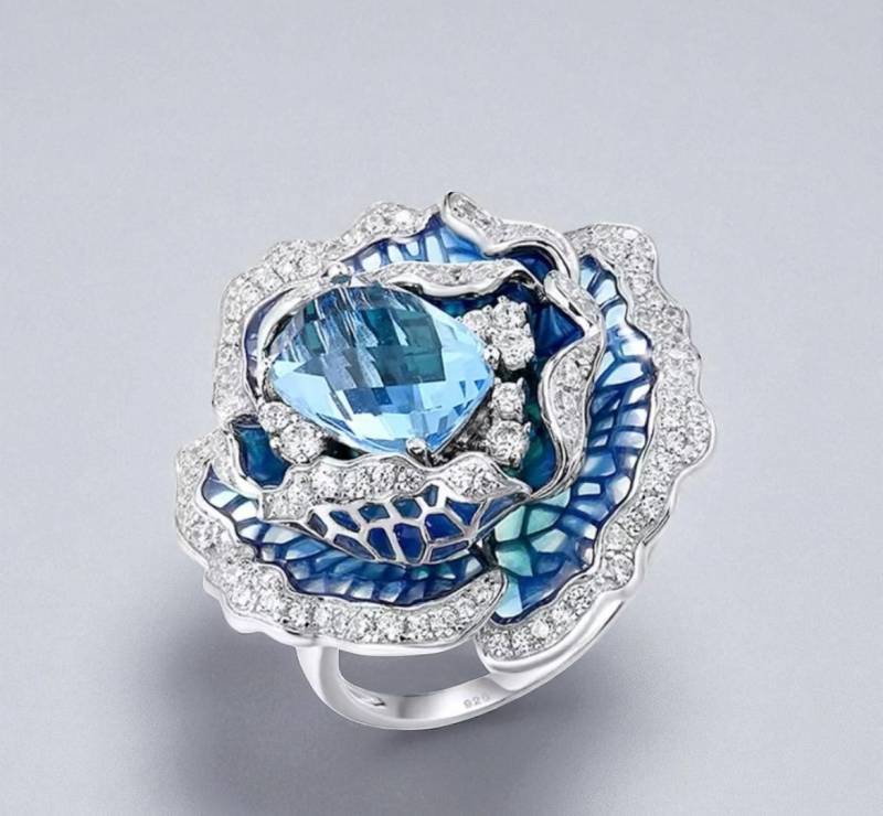 Blaue Emaille Blumen Ring 925 Sterling Silber, Weiß Cz Blaue Emaille Blumen Ring 925 Sterling Silber, Weiß Cz von ByMoonJewels