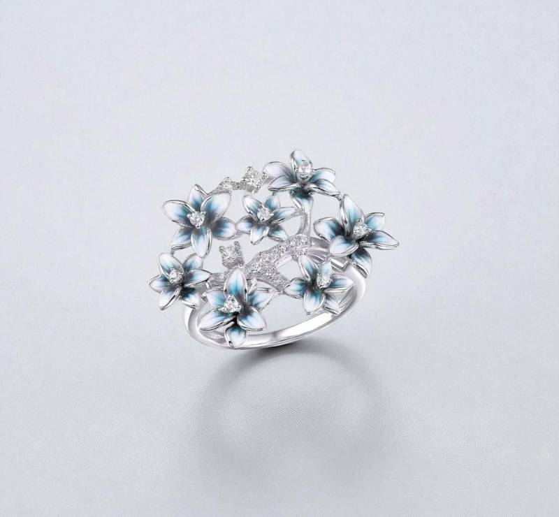 Damen Sterling Silber Ring Emaille Blumen-Design Mit Funkelnden Weißen Zirkonia Damen Sterling Silber Ring Emaille Blumen-Design Mit Funkelnden Weißen Zirkonia von ByMoonJewels