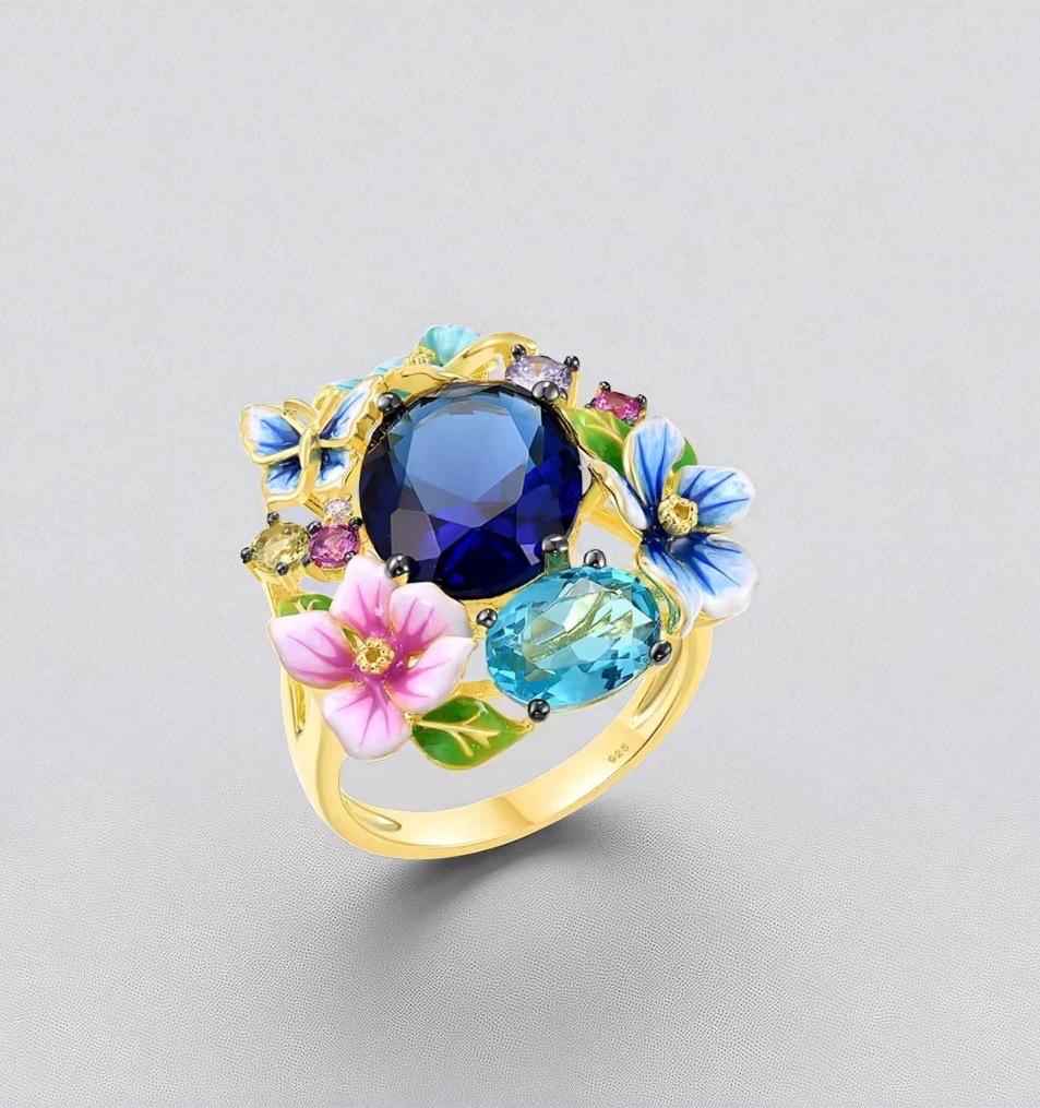 Handgemachte Sterling Silber Ring Für Frauen Lebendige Blume & Blauer Edelstein Akzent Handgemachte Sterling Silber Ring Für Frauen Lebendige Blume & Blauer Edelstein Akzent von ByMoonJewels
