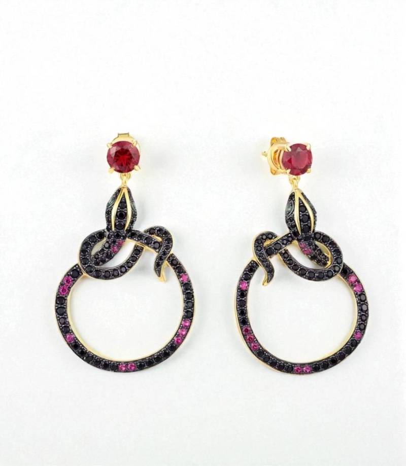 Handgemachte Sterling Silber Schlangen Ohrringe Schwarzer Spinell & Rubin von ByMoonJewels