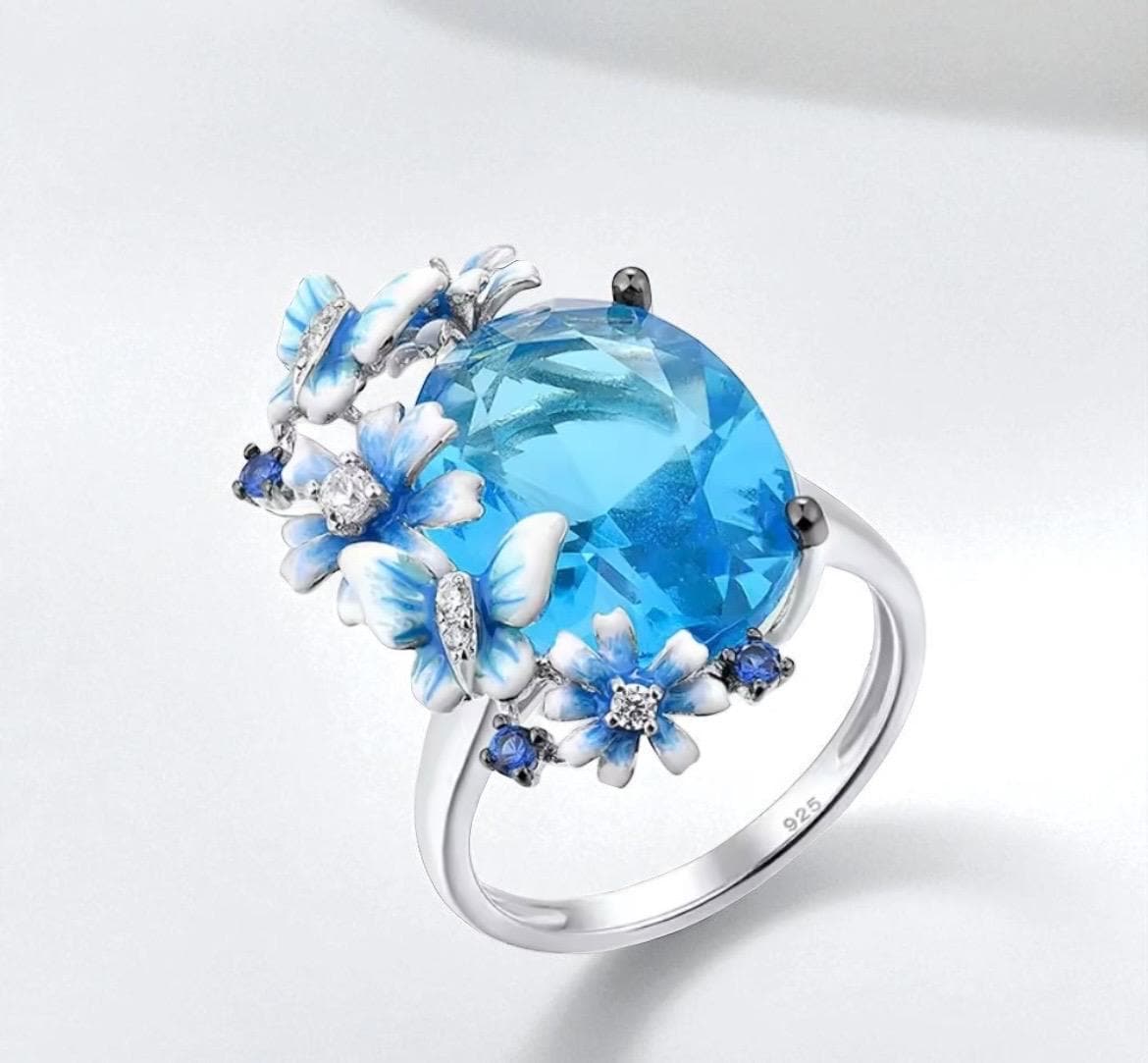 Handgemachter 925 Sterling Silber Ring Mit Blau Oval Stein Emaille Blumen Handgemachter 925 Sterling Silber Ring Mit Blau Oval Stein Emaille Blumen von ByMoonJewels